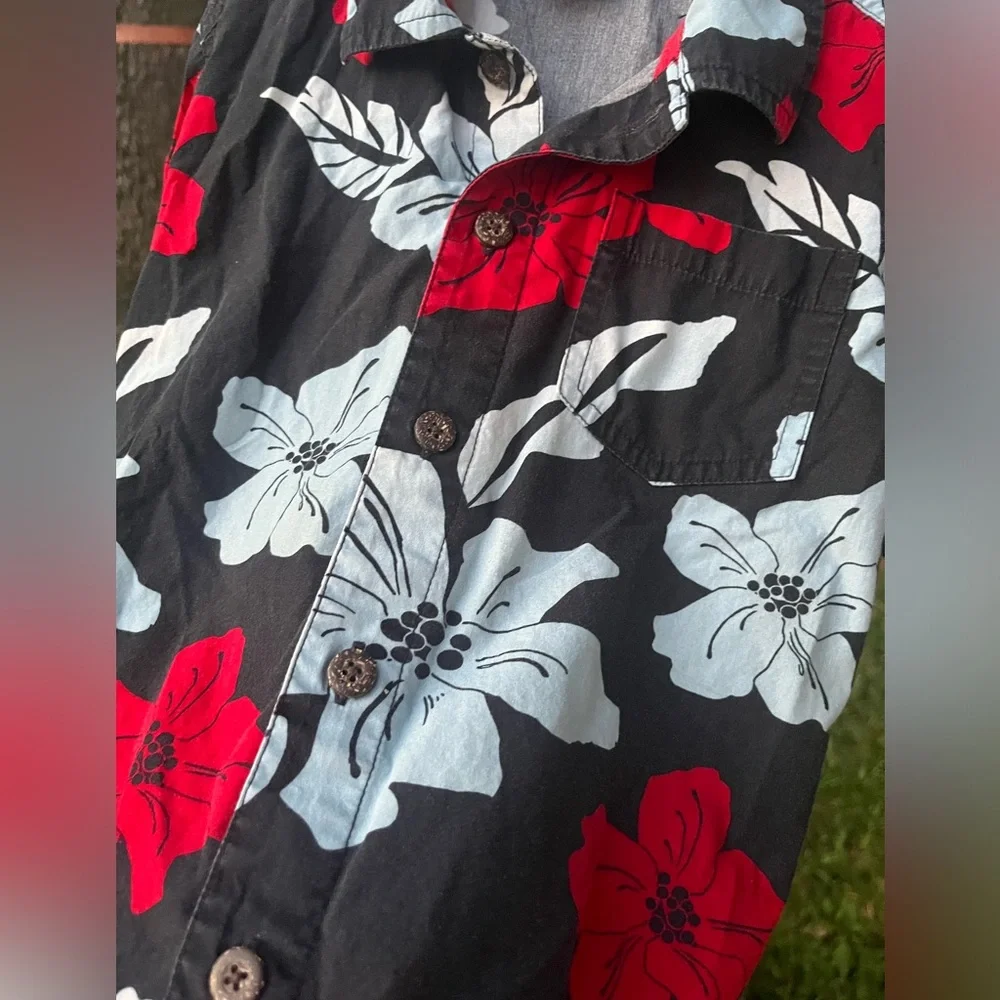 Gymboree Hawaiian Floral Navy Blue, Red Button-Up Short-Sleeve Shirt Boys Sz 5